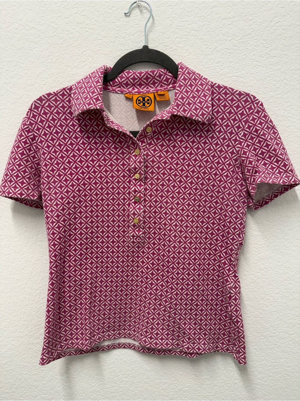 Tory Burch Magenta and White Geometric Button-Down Polo